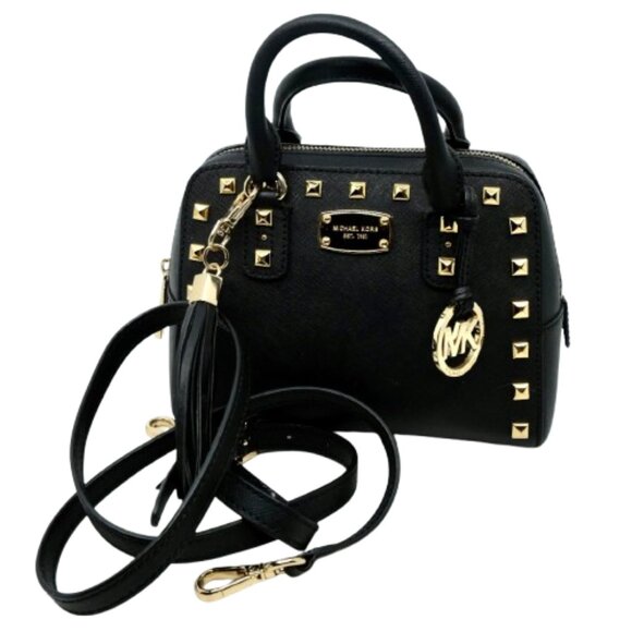 MICHAEL KORS~SANDRINE~Black Saffiano Leather Studded Mini Satchel Crossbody Bag - Picture 2 of 7